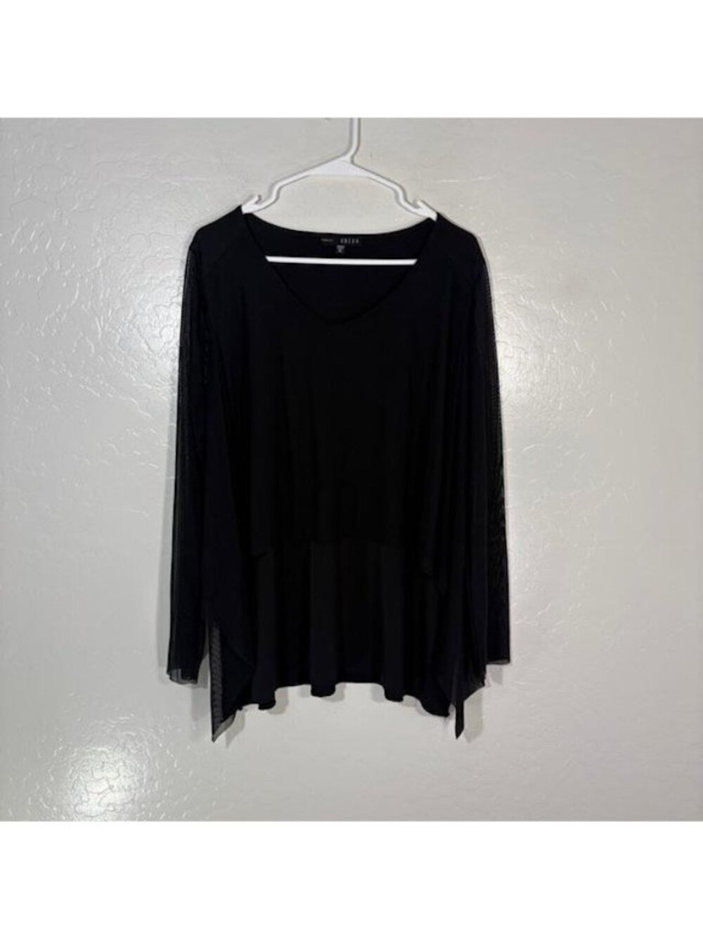 KOZAN Tunic Womens XL Black Solid Sheer Mesh Sleeve Layered Jersey Top Asym Hem